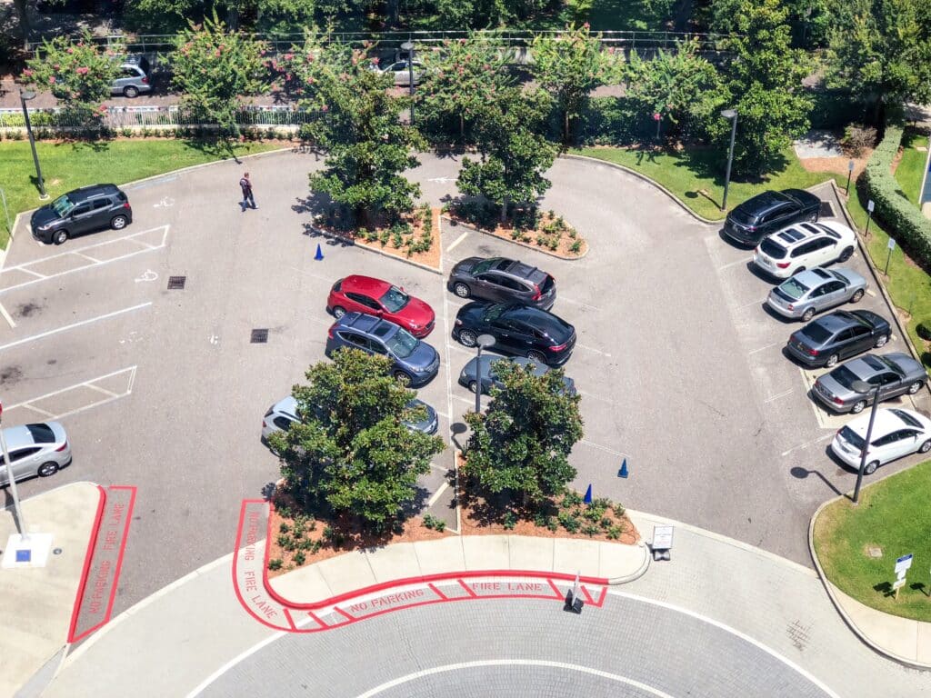 Cars in a commercial parking lot