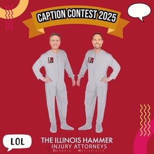 Humorous graphic featuring two attorneys in matching gray jumpsuits for a caption contest