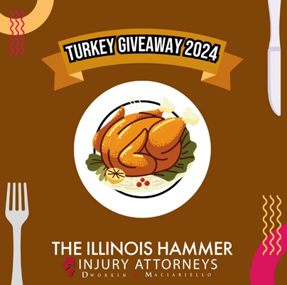 Graphic announcing Illinois Hammer's Turkey Giveaway 2024 featuring roasted turkey illustration