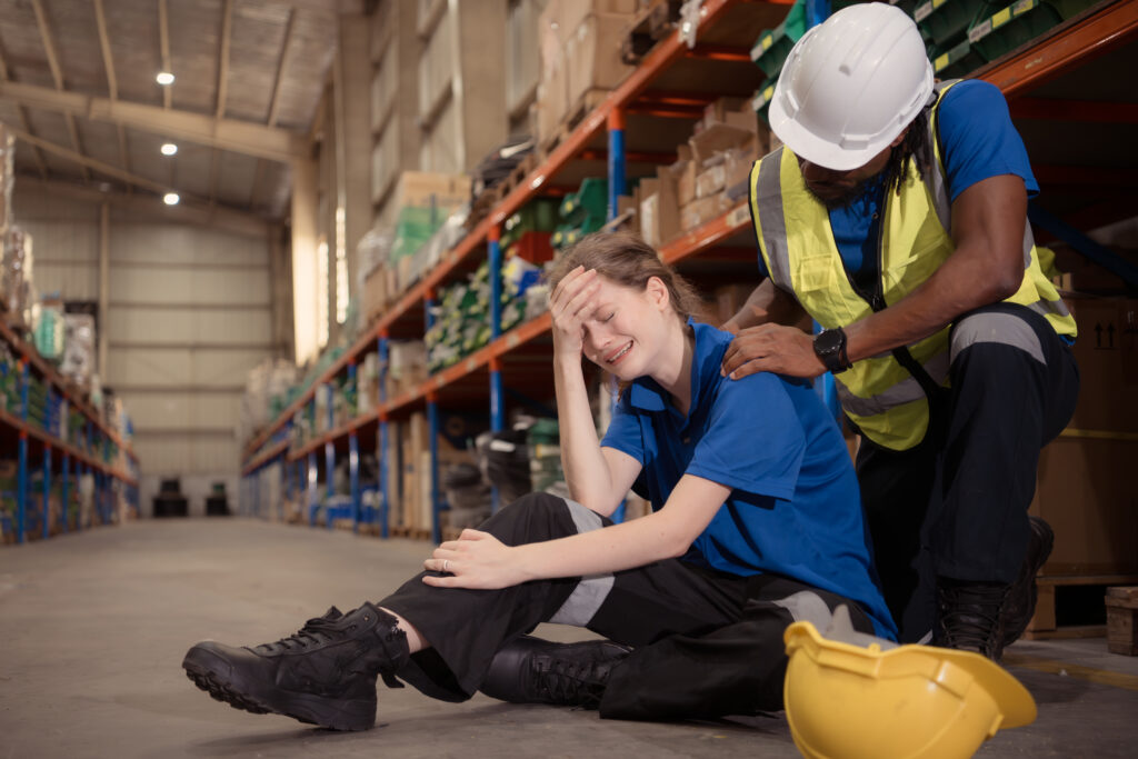 A warehouse worker consoles and helps a female worker who cries out in pain after a leg accident in a large warehouse